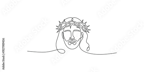 A single line drawing of the face of jesus christ wearing a crown of thorns on a white background.