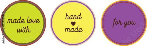 Hand made love badges collection, colorful round stickers with for you message, decorative typography labels flat vector design