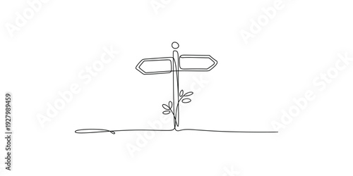 A minimalist line art illustration depicting a signpost with two blank directional arrows pointing left and right