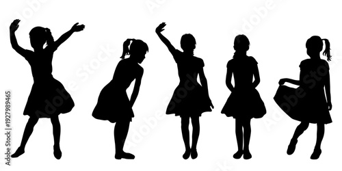 Children silhouettes. Little girl motion poses set. Vector illustration.	
