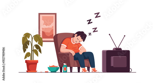 A tired man in casual clothes is sleeping soundly in an armchair in his living room, with a television, snacks, and a houseplant nearby.