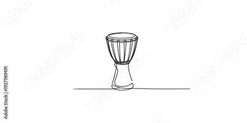 A simple line art illustration of a traditional goblet-shaped djembe drum standing on a horizontal line