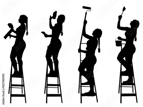 People silhouettes, woman are doing repairs. Vector illustration	
