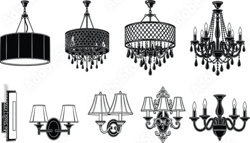 Black silhouette collection of elegant chandeliers and wall sconces featuring classic pendant lamps for interior home lighting and decor designs.