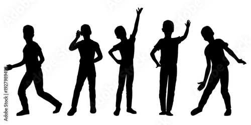 Children silhouettes. Little boy motion poses set. Vector illustration.	
