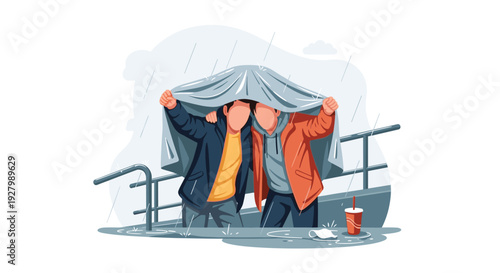 Two male friends shelter from the rain under a single jacket while standing in a wet stadium, with a soda cup and face mask on the ground nearby.