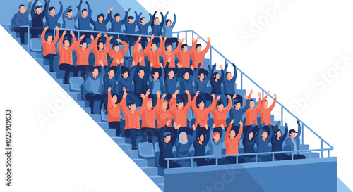 A large crowd of cheering fans in orange and blue shirts fills the stadium bleachers, with many raising their hands in excitement during a big match.