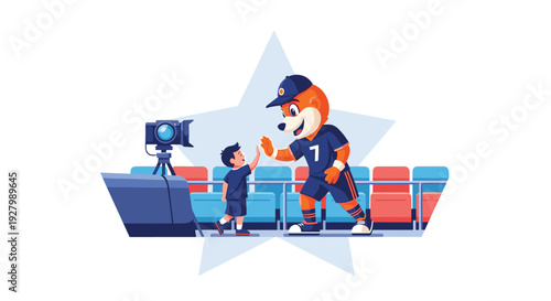 A young boy gives a high-five to a friendly fox mascot in a sports uniform in front of empty stadium seats and a professional camera on a tripod.