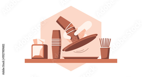 A hand uses a paper cup and plate as a makeshift drum on a concession stand shelf, surrounded by other disposable cups, straws, and napkins.