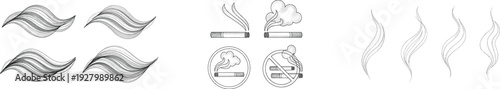 Smoke and steam line art icon collection. Includes cigarette smoke, cloud smoke, and abstract wavy lines. Created in a thin line style with a grayscale palette