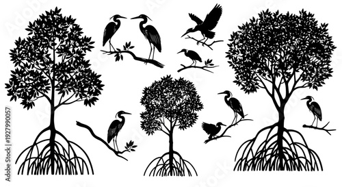 Black and white illustration of trees with birds perched on branches.
