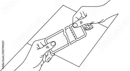 A black and white line art drawing illustrates two pairs of hands carefully tearing a ticket stub along its perforated edge before an event.