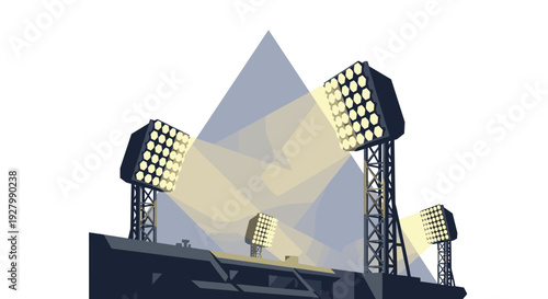 A modern vector illustration depicts four powerful stadium floodlights on tall towers, casting bright beams of light downwards against a simple background.