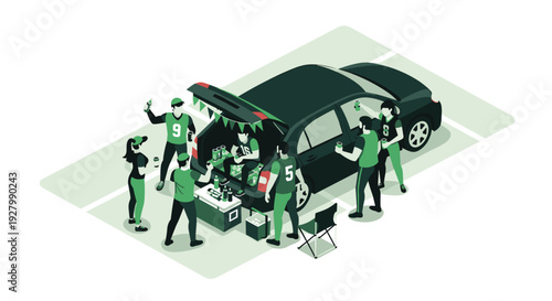 A group of diverse friends wearing sports jerseys enjoy a tailgate party from the back of their car in a parking lot before a game.