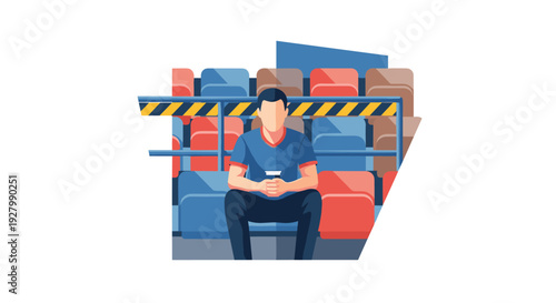 A lone man in a blue shirt sits by himself in an empty section of a stadium, looking down at his smartphone behind a barrier.