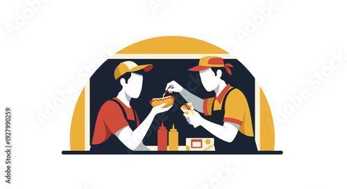 Two food vendors in a stall prepare and serve fresh hot dogs with condiments to customers at an outdoor event or festival.