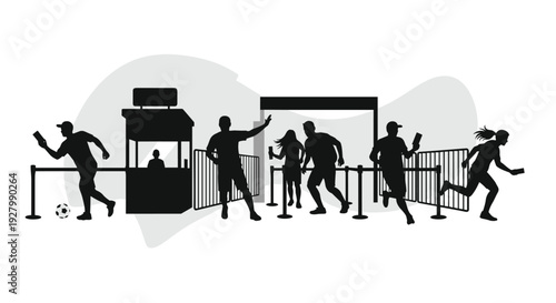 A silhouette of excited fans running through the entrance gates and turnstiles of a stadium for a major sporting event.