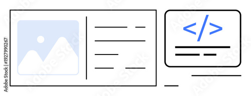 Web design, software development, website creation, coding platforms, digital user interfaces, IT education. Minimalistic layout includes code snippet, image placeholder and text blocks. Web design