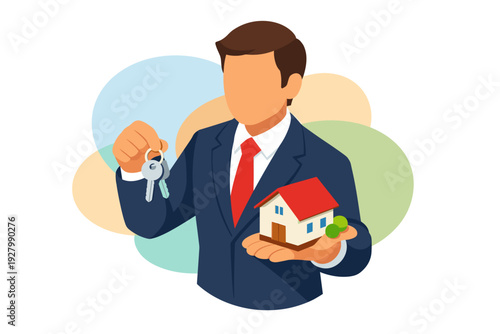 Real estate agent holding house and keys for new home ownership.