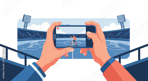 From a first-person view, a person holds a smartphone to record or photograph a soccer player during a match in a large stadium.