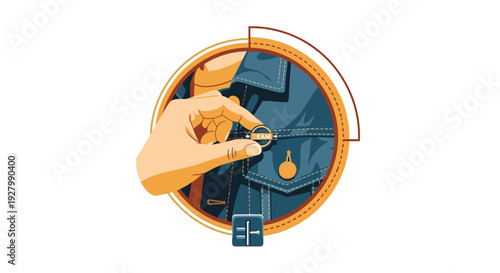 A detailed vector illustration shows a hand carefully pinning a small round button with the word TEAM onto a blue denim jacket pocket.