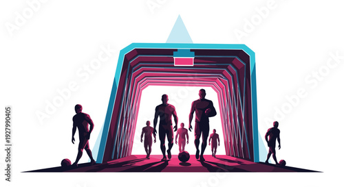 A team of silhouetted football players emerges from a brightly lit pink and blue stadium tunnel, ready to walk onto the field.