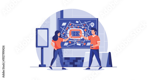 A young couple wearing matching orange shirts stands together while examining a large, detailed seating chart map of a sports stadium.