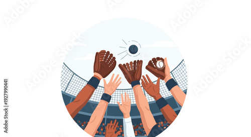 From a low angle view inside a stadium, multiple hands with baseball gloves reach up towards the sky to catch a flying ball.