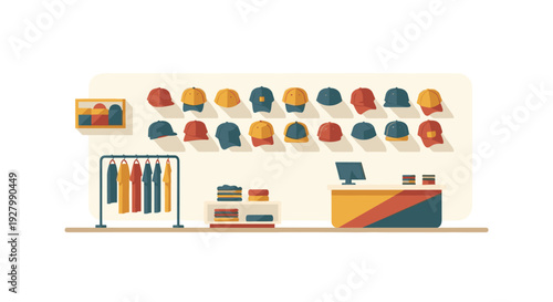 An empty retail clothing store interior is neatly organized with a wall display of colorful hats, a rack of shirts, and a checkout counter.