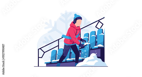 A person wearing a warm red winter jacket and blue beanie walks up snow-covered stadium steps during a cold, snowy day event.