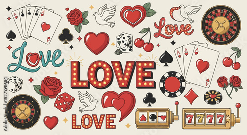 A vibrant collection of retro-style casino and love-themed illustrations, featuring playing cards, dice, slot machines, roulette wheels, hearts, roses, and doves.