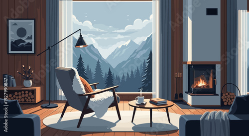 Cozy living room with a large window overlooking a serene snowy mountain landscape and pine forest, featuring a warm fireplace, comfortable armchair, and coffee table.
