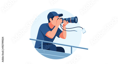 A flat vector illustration depicts a male photographer with a cap holding a professional camera with a large telephoto lens inside a circular frame.