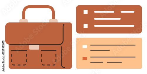 Business organization, file management, productivity, office essentials, task tracking, workflow. a brown briefcase and checklist. Business organization and file management