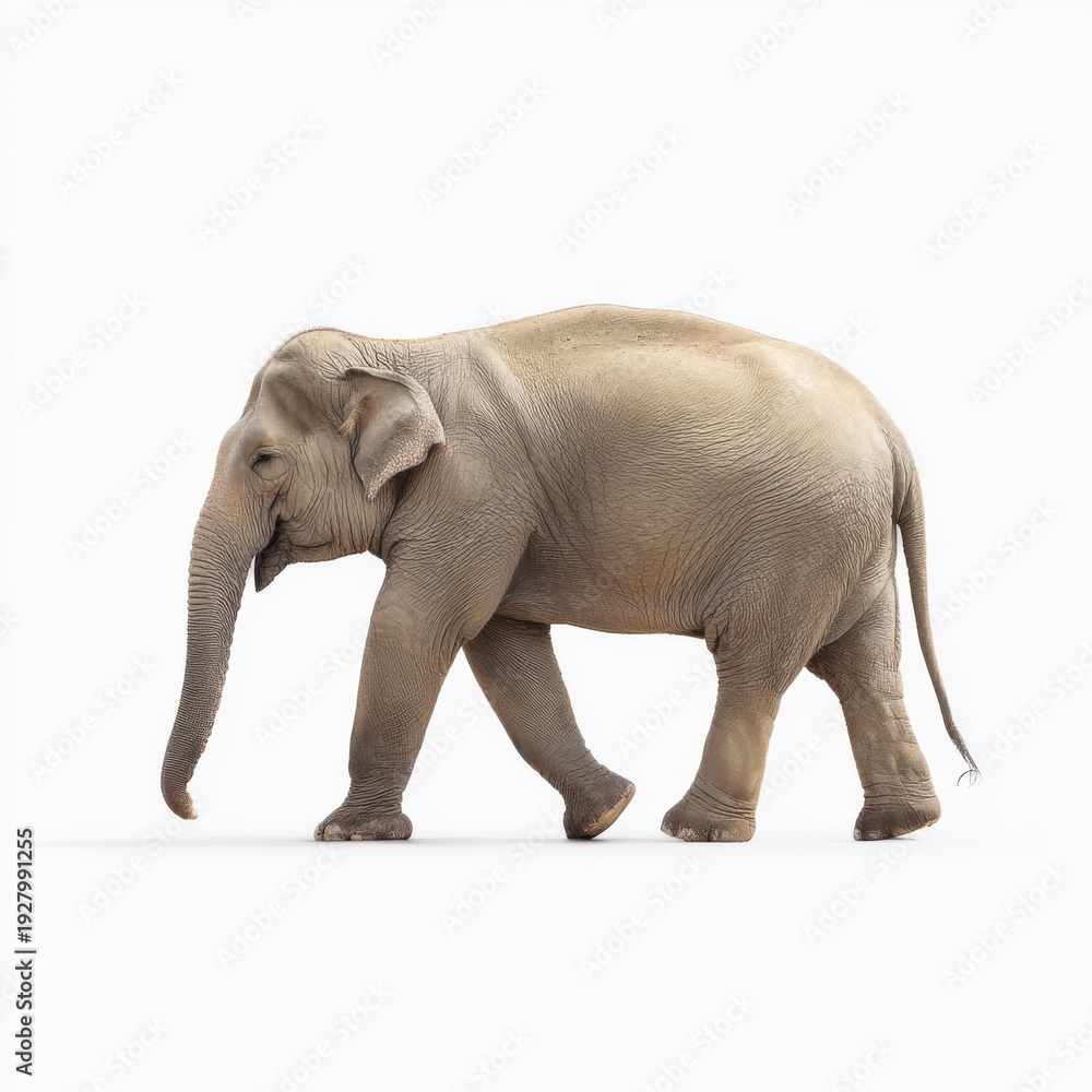 Fototapeta premium Majestic Asian Elephant Walking Gracefully in an Isolated White Background Perfect for Nature and Wildlife Themes
