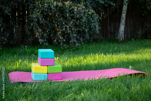 pink mat and colorful yoga blocks on green grass