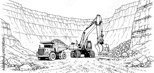 Mining Site Heavy Industry Vector Line Drawing with Excavator and Dump Truck, Open Pit Mining Operation Illustration, Industrial Construction Machinery Outline Art for Engineering, Infrastructure, Ene