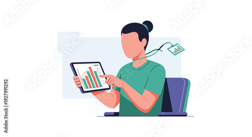 A vector illustration shows a person sitting at a desk and analyzing a colorful bar chart on a digital tablet, with an ID badge around their neck.