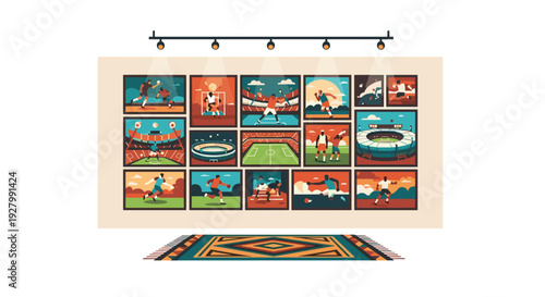 An art gallery wall with track lighting displays a collection of fifteen framed sports-themed pictures above a colorful patterned rug.
