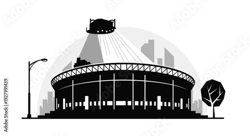 A monochrome silhouette shows a large sports stadium at night with a city skyline in the background and a lighting rig illuminating the interior.