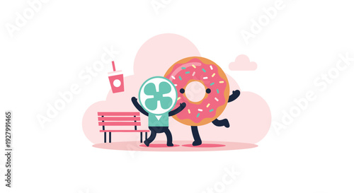 A cartoon donut with pink frosting and a character with a four-leaf clover head are happily dancing together next to a park bench.
