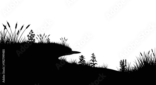 Serene landscape with silhouette of hills and vegetation.