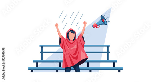 A vector illustration of a fan in a red rain poncho with arms raised, cheering on empty blue bleachers during a rainy event with a spotlight on a megaphone.