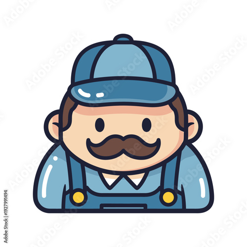 Cartoon Handyman with Mustache Wearing Overalls and Cap.
