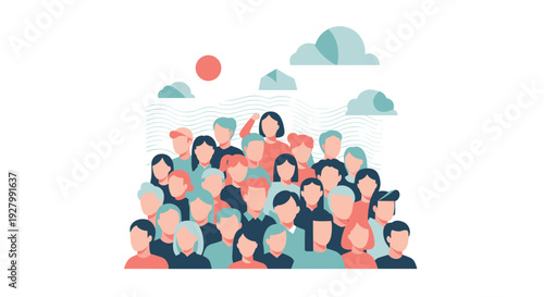A flat vector illustration of a large, diverse crowd of people standing together under a sky with clouds and a sun, with one woman waving.