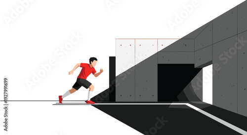 A male athlete in a red jersey and black shorts sprints past a modern concrete building, with strong shadows creating a dramatic effect.