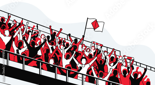 A dynamic illustration of a large crowd of cheering fans in red and white, celebrating in a stadium with raised arms, scarves, and a flag.