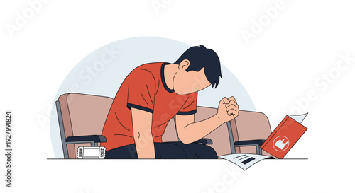 A dejected man in a red shirt sits alone in stadium seating, clenching his fist in disappointment after his team's loss.