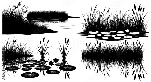 Collection of black silhouettes of aquatic plants and water scenes.