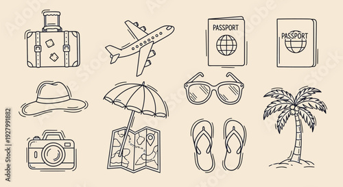 Hand-drawn doodle icons representing various travel and vacation essentials, including luggage, transport, documents, and beach accessories.